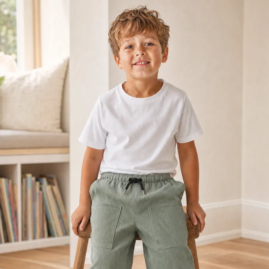 A child in the Sage Green pants, with the drawstring waist and front pockets