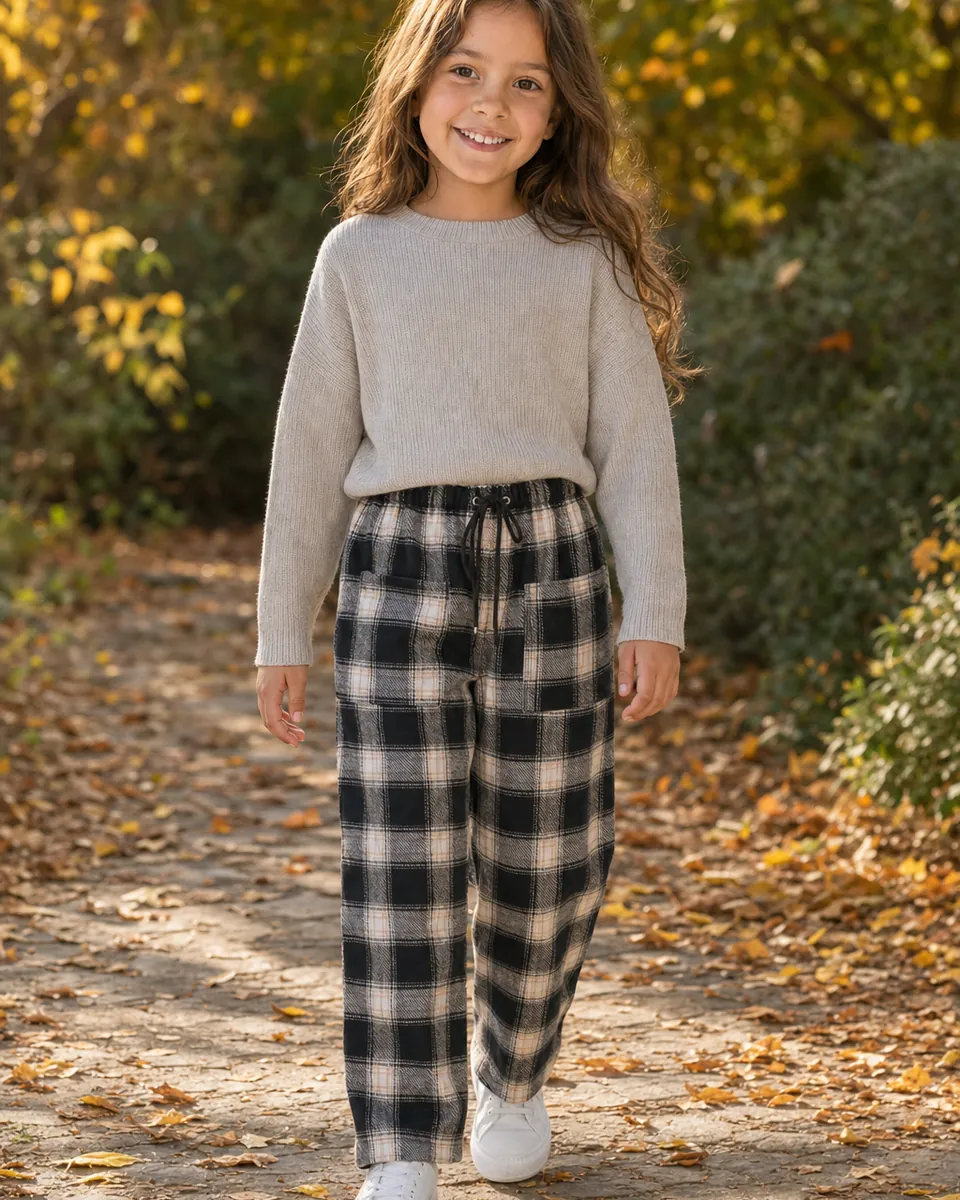 A child on an autumn walk in the Black and White Check pants