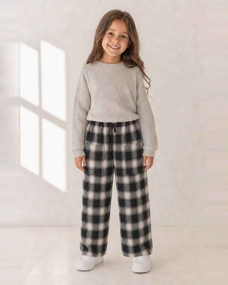 A child wearing Vridhie Black and White Check casual pants